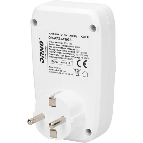 ORNO OR-WAT-419 GS LCD Schuko merilnik porabe 16A ORNO OR-WAT-419 GS vtični Schuko merilnik porabe elektrike z LCD zaslonom