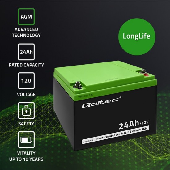 Qoltec 53036 12V 24Ah black VRLA AGM battery with T12 M5 terminals