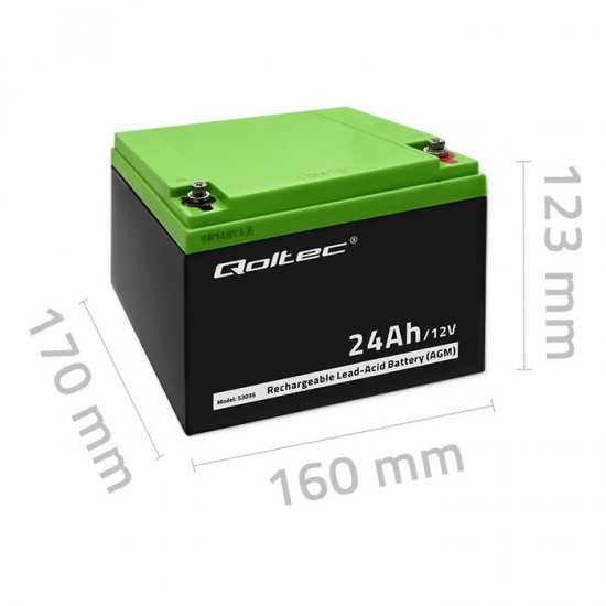 Qoltec 53036 12V 24Ah black VRLA AGM battery with T12 M5 terminals