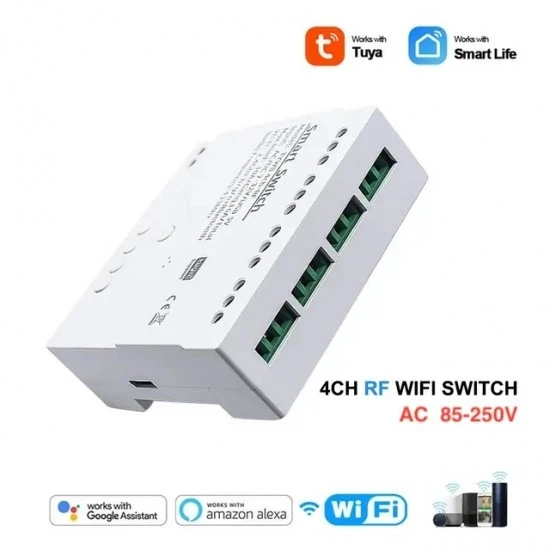 WiFi 4CH switch + temp probe WiFi 4-channel smart switch with temperature sensor (Tuya/Smart Life)