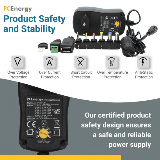 Included DC connector tips for PCE2250UNI PCEnergy PCE2250UNI universal power adapter 3–12V 2250mA