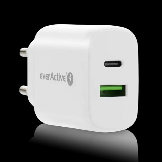 Fast charging smartphone with USB-C PD charger everActive SC-370Q fast USB charger QC3.0 USB-C PD 25W
