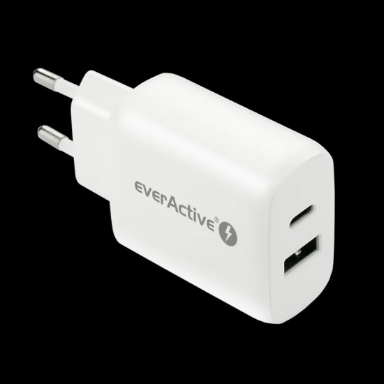 Fast charging smartphone with USB-C PD charger everActive SC-370Q fast USB charger QC3.0 USB-C PD 25W