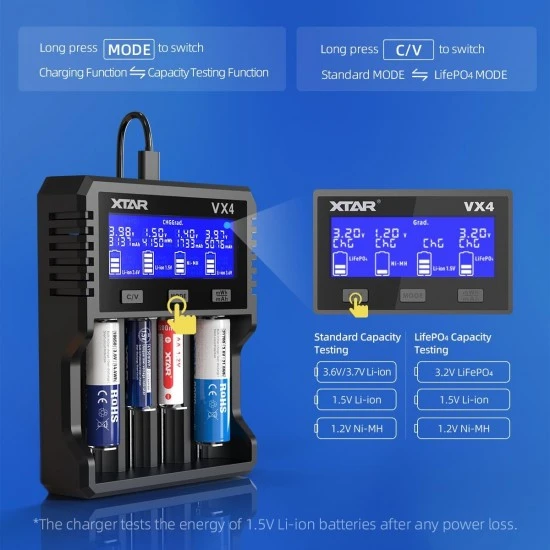 XTAR VX4 Visible Mixer LCD display showing charging and capacity test XTAR VX4 Visible Mixer smart battery charger front view