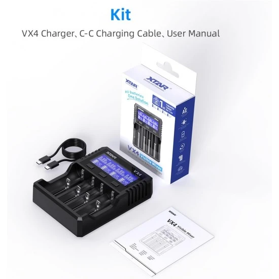 XTAR VX4 Visible Mixer LCD display showing charging and capacity test XTAR VX4 Visible Mixer smart battery charger front view