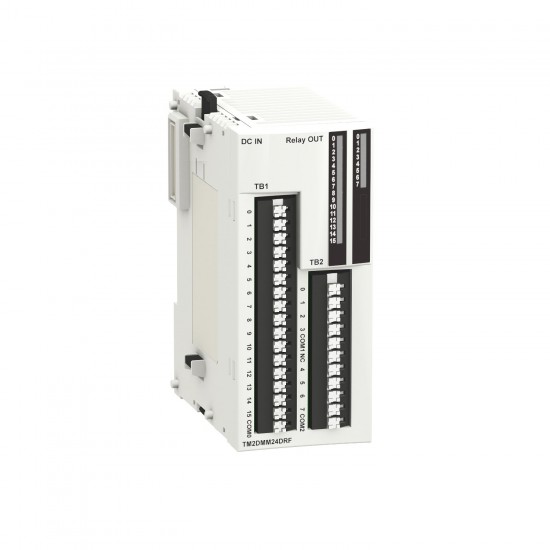 Front view of TM2DMM24DRF for Modicon M238 PLC TM2DMM24DRF I/O module with 16 digital inputs and 8 relay outputs